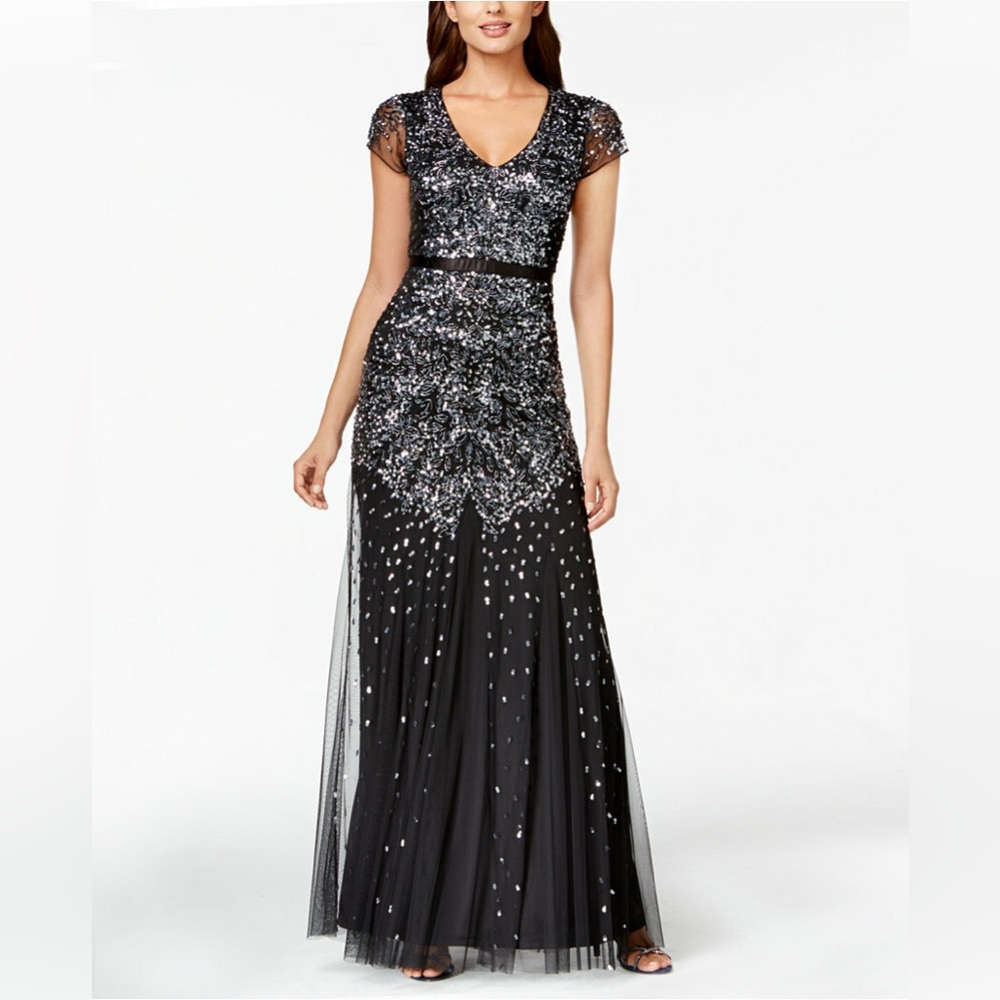 Adrianna Papell Black and Silver Embellished Prom Evening Dress